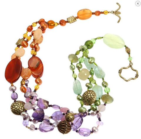 A vibrant multi-strand Prehnite Amethyst Carnelian Gold Vermeil Necklace, perfect for adding a touch of warmth and vibrancy to any outfit