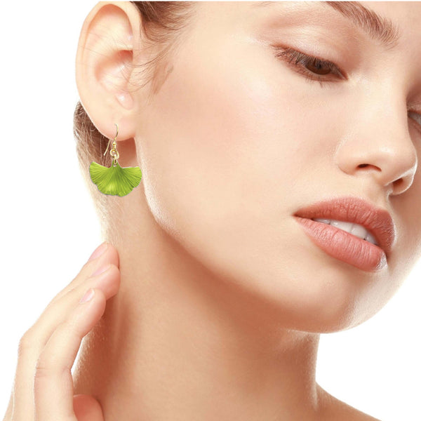 Female Model Wearing Small Ginkgo Leaf Anodized Aluminum Sour Candy Apple Earrings