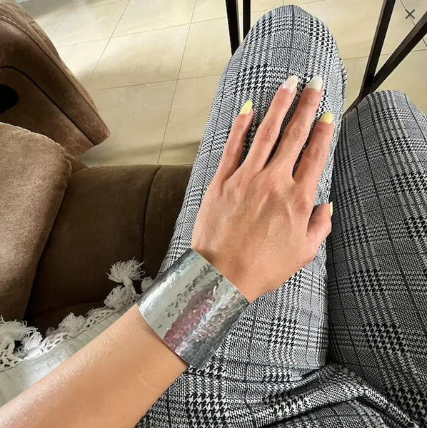 Wide Hammered Aluminum Cuff Bracelet Worn by Miriam - Customer Testimonial