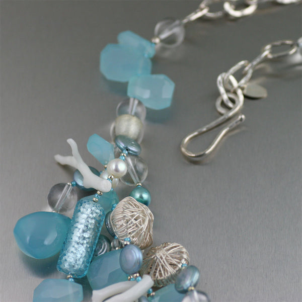 Blue Chalcedony White Coral Necklace - Detail 2