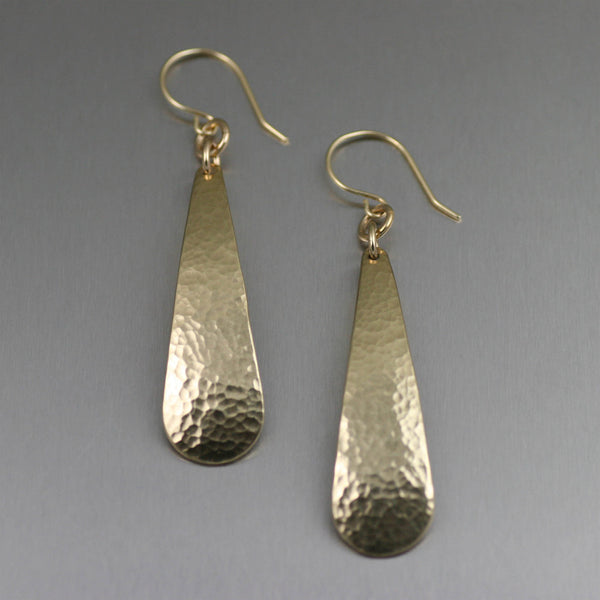 Long Hammered Nu Gold Brass Tear Drop Earrings