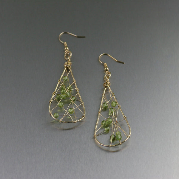 Nu Gold Brass Wire Wrapped Tear Drop Earrings with Peridot