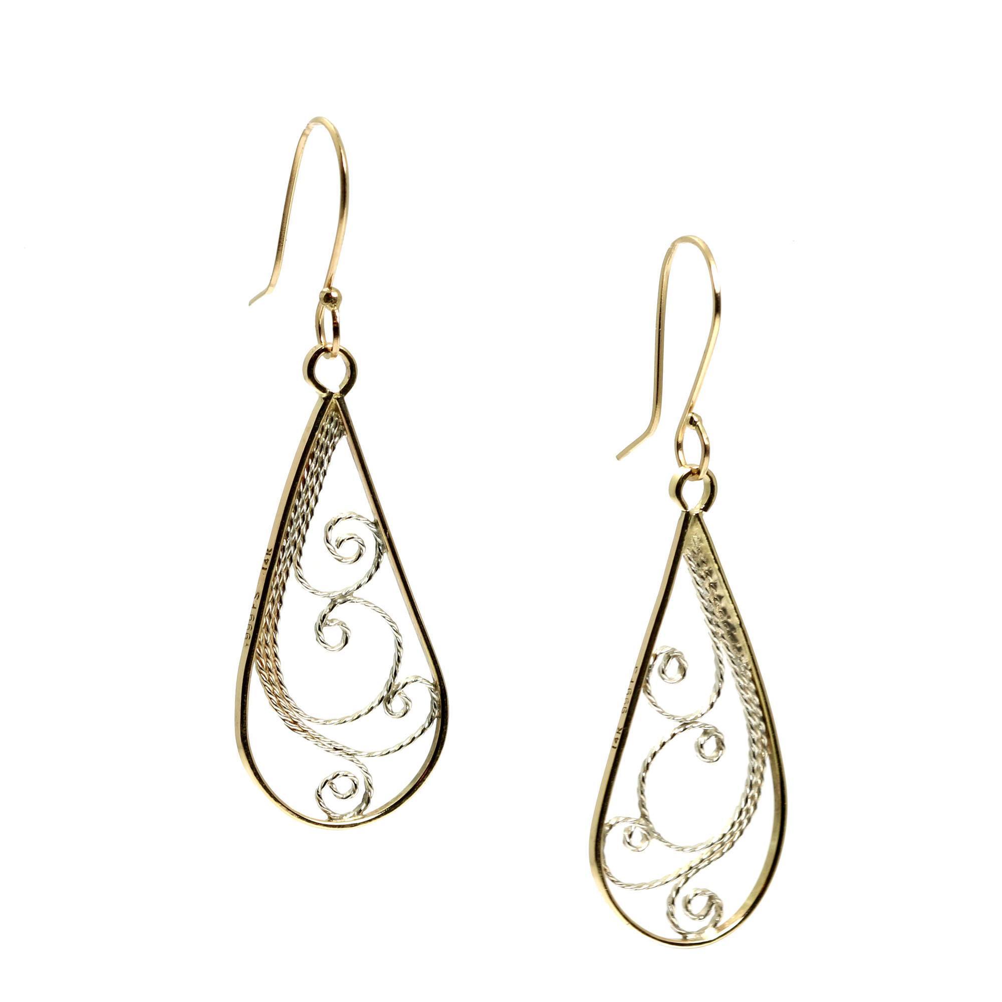 14K Gold Filigree Tear Drop Earrings - John S Brana - Handmade Jewelry