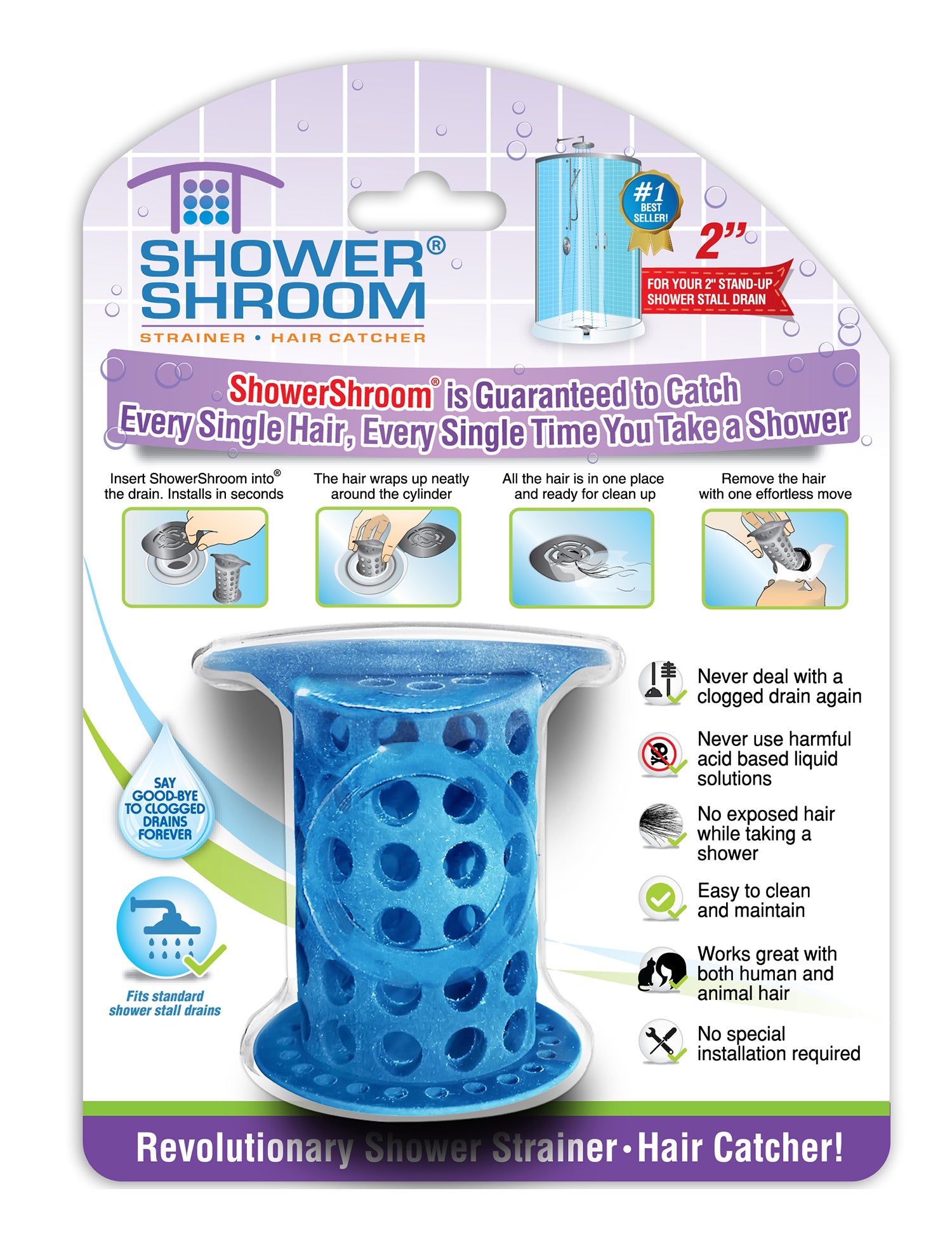 ShowerShroom (Blue) The 2" Hair Catcher That Prevents Clogged Shower Drains