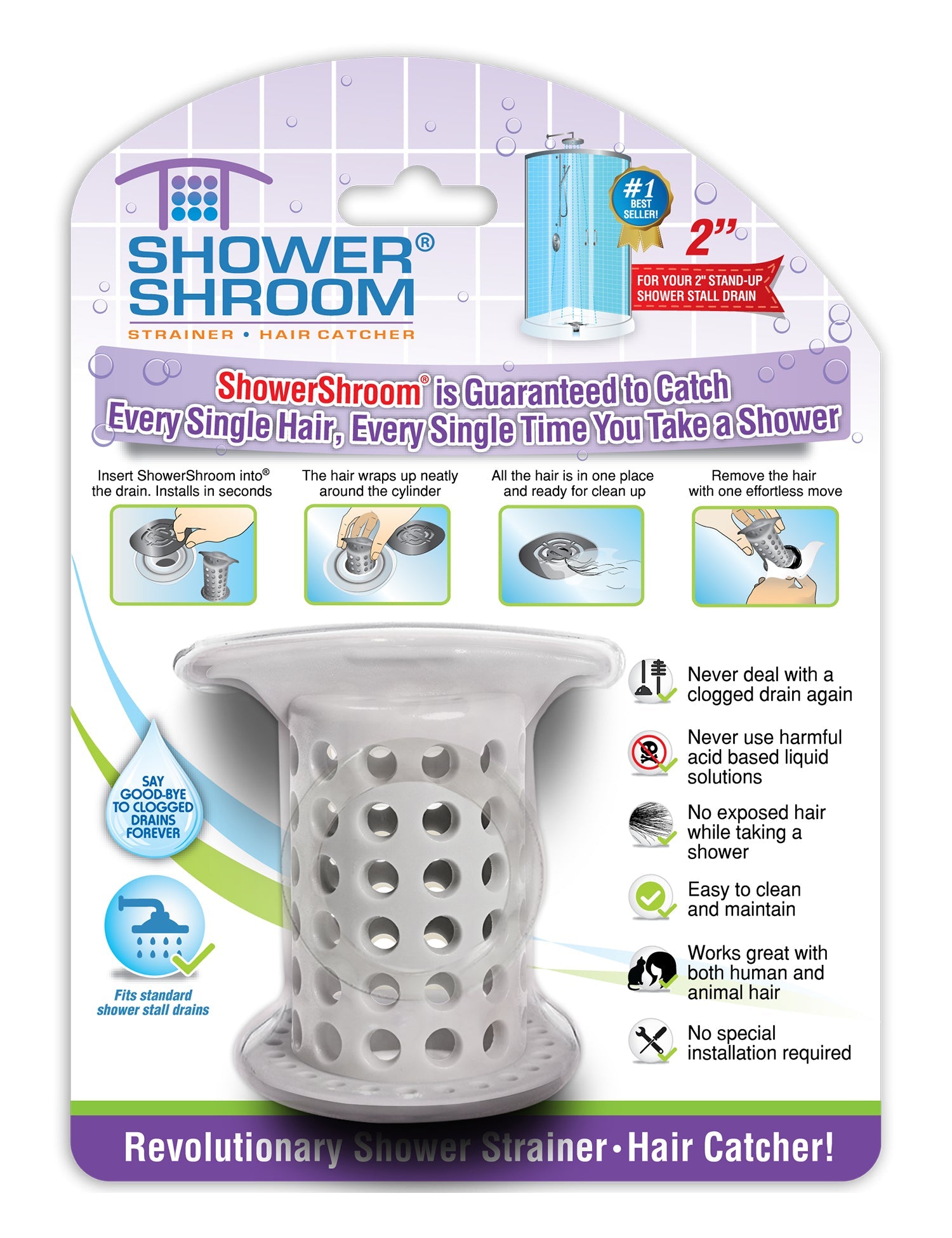 ShowerShroom (Gray) The 2 Hair Catcher That Prevents Clogged Shower Drains, TubShroom.com