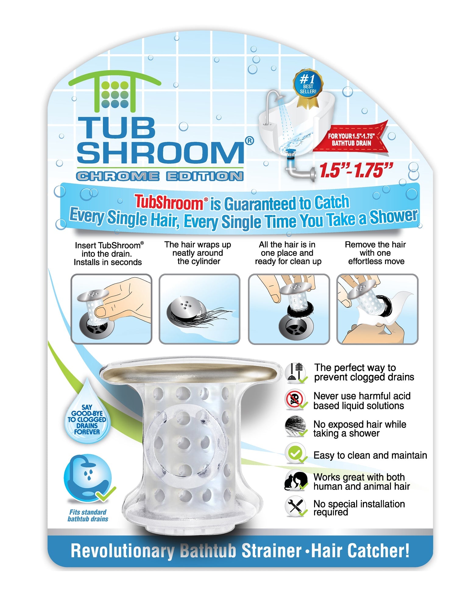 TubShroom (Chrome Edition) The Hair Catcher That Prevents Clogged Tub Drains