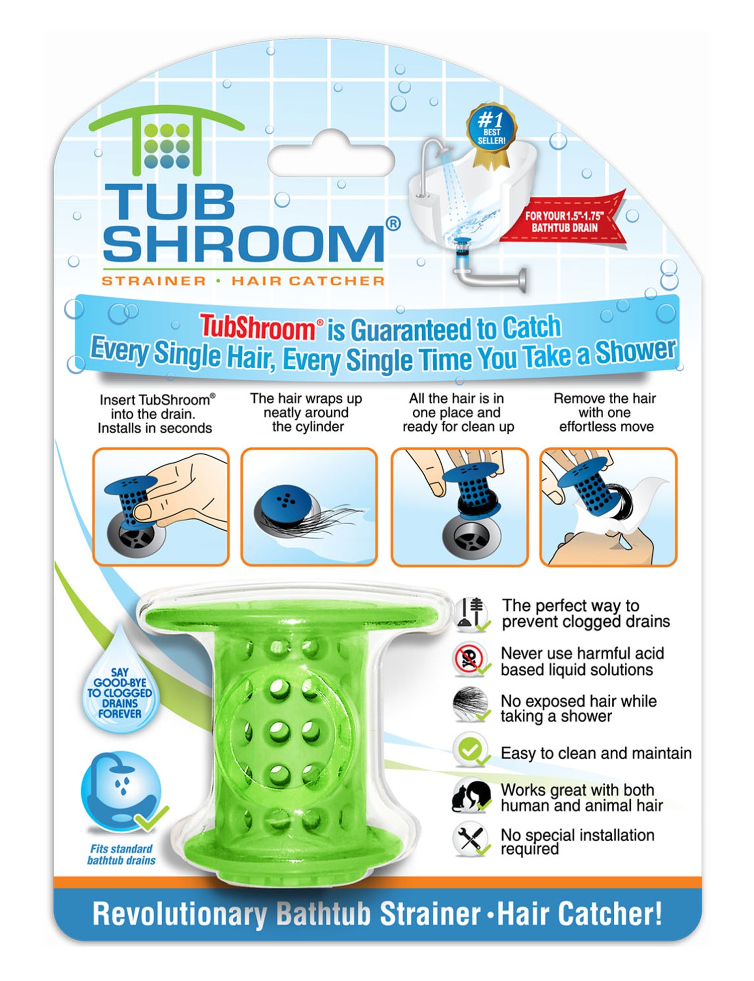 TubShroom (Green) The Hair Catcher That Prevents Clogged Tub Drains