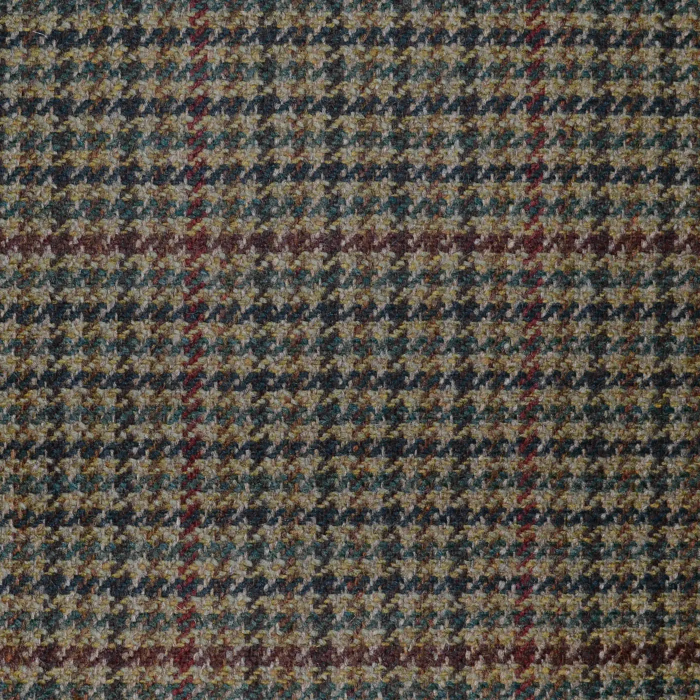 Beige with Green, Navy Blue and Burgundy Dogtooth Check All Wool Scottish Tweed