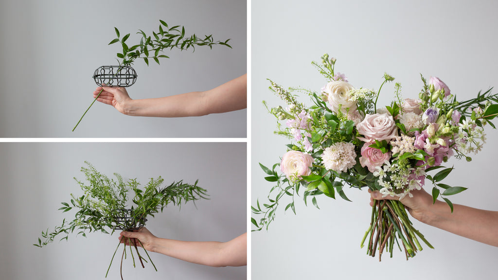 A hand holding a serenity cage with a single branch of green leaves, a step-by-step guide to building a lush, organic bouquet, adjacent to a full, hand-held bridal bouquet of pale pink roses, purple accents, and assorted greenery.