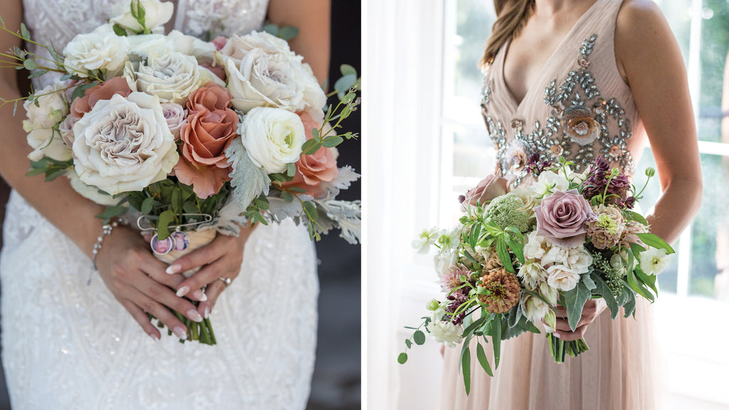 A grand bouquet of pale roses and greenery held by a bride against her white gown, contrasted with a more extravagant bridal bouquet featuring vibrant pinks and lush foliage, both symbolizing love and celebration.