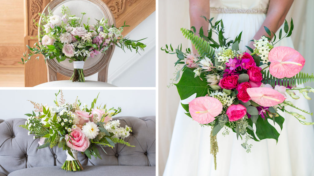 A grand bouquet of pale roses and greenery held by a bride against her white gown, contrasted with a more extravagant bridal bouquet featuring vibrant pinks and lush foliage, both symbolizing love and celebration.