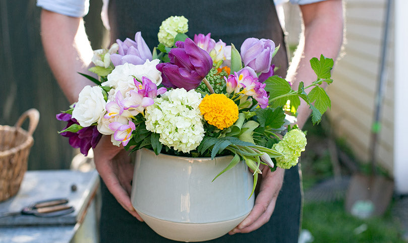Eclectic array of blooms held by a florist designer