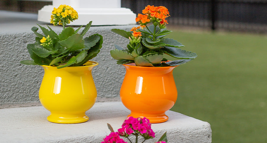 Several round planters leading up your porch steps creates a welcoming floral display.