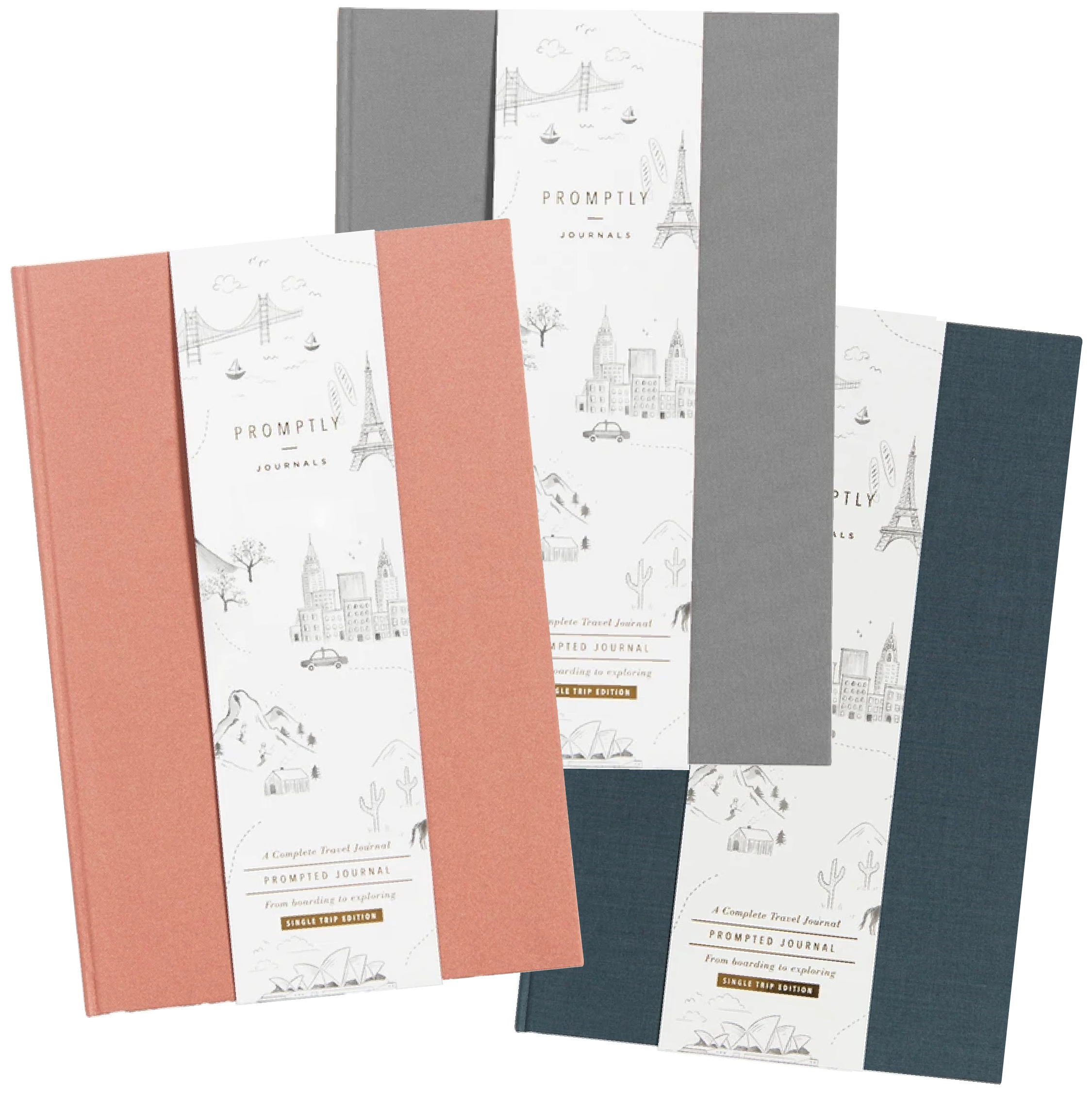 Promptly Journals - Travel Journal Bundle - Grey, Deep Blue, and Dusty Rose Linen