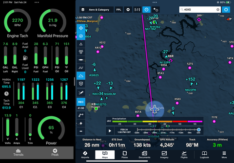 Falken EMS running in split-view mode with ForeFlight.