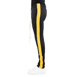 black sweatpants with yellow stripe