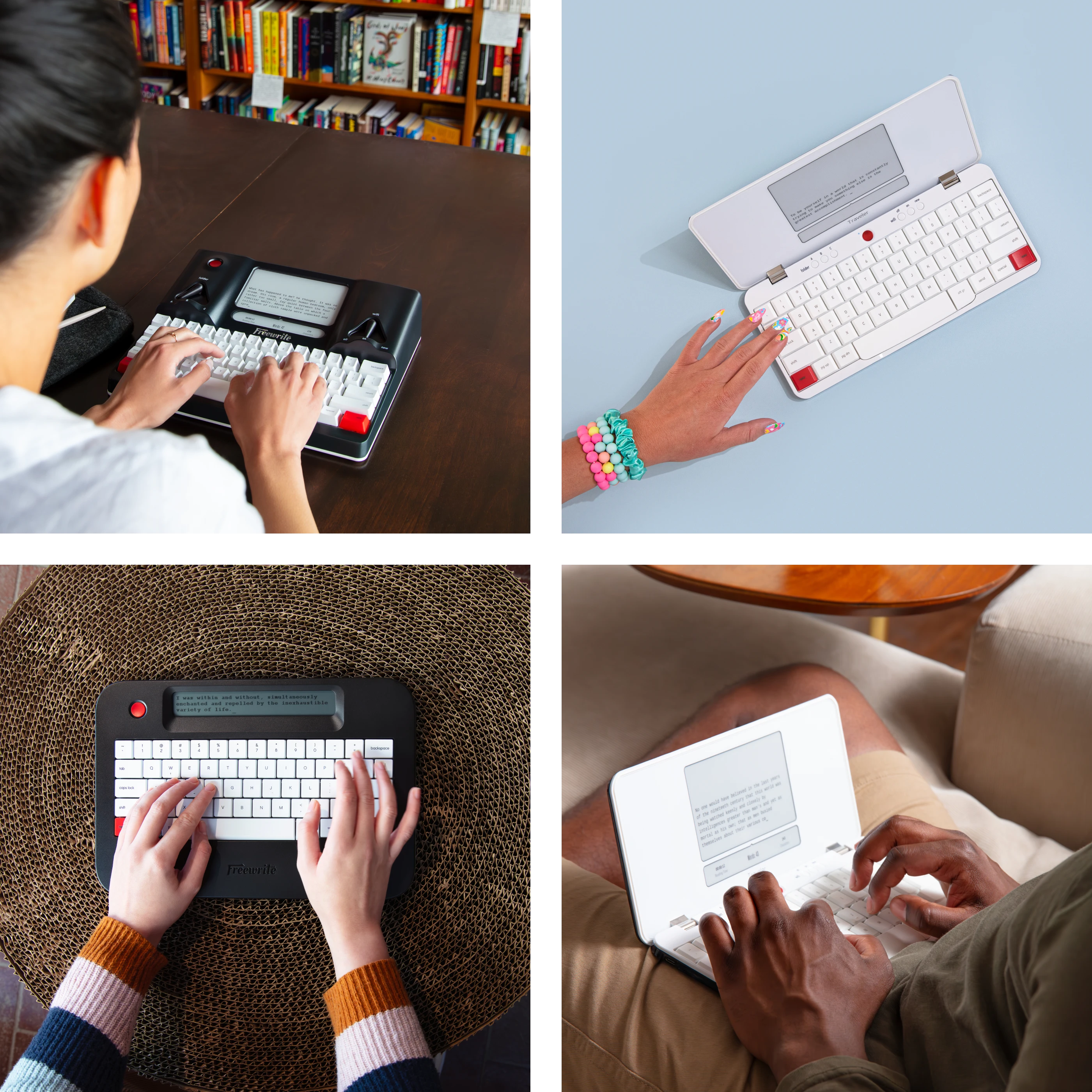 People using different types of digital writing devices in various settings.