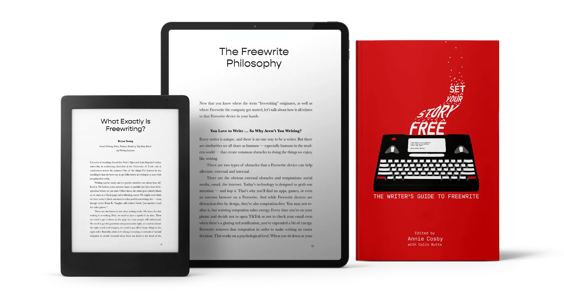 E-readers and a book displaying text about freewriting and writing productivity.