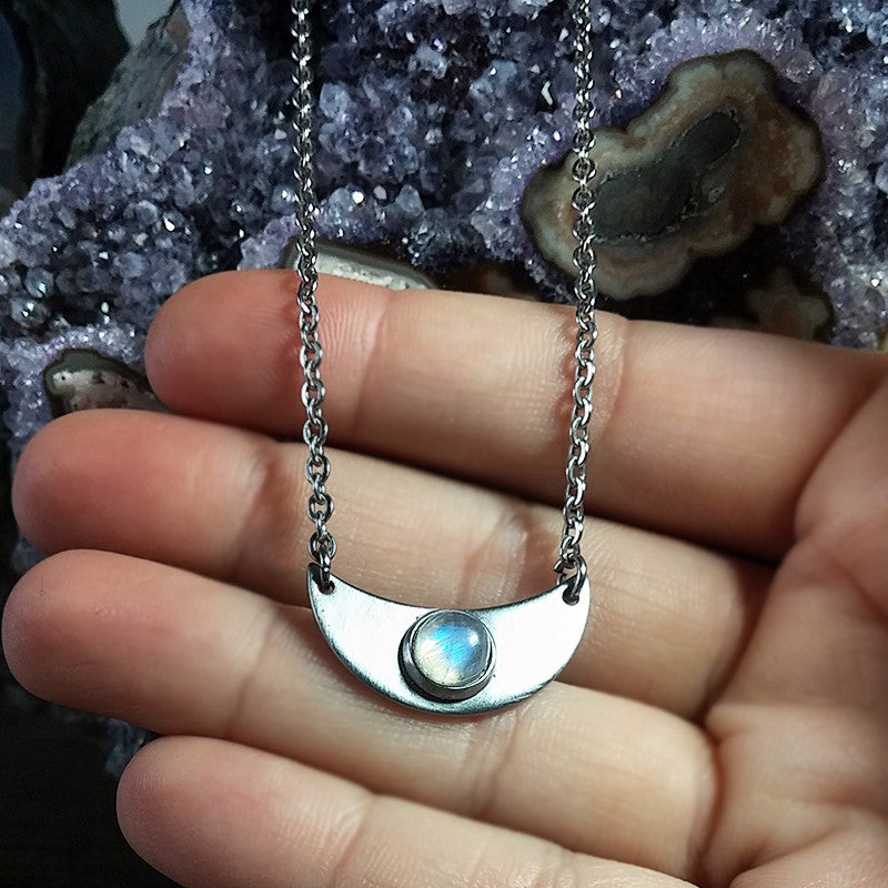 Rainbow Moonstone Crescent Moon Necklace Diamonds And Coal