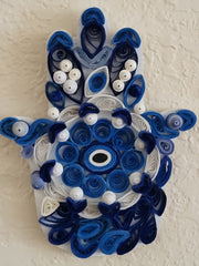 Quilled blue white hamsa wall hanging