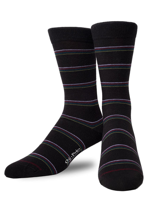 Men's Black Crew Sock with Green Blue Burgundy Mauve Stripe by Cole and Parker