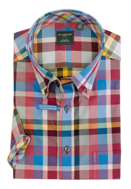 Cotton Multi Red Plaid Short Sleeve Button Down Sport Shirts