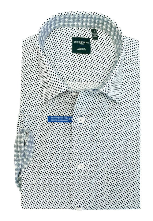 100% Cotton Non Iron Navy Print Leo Chevalier Short Sleeve Shirts