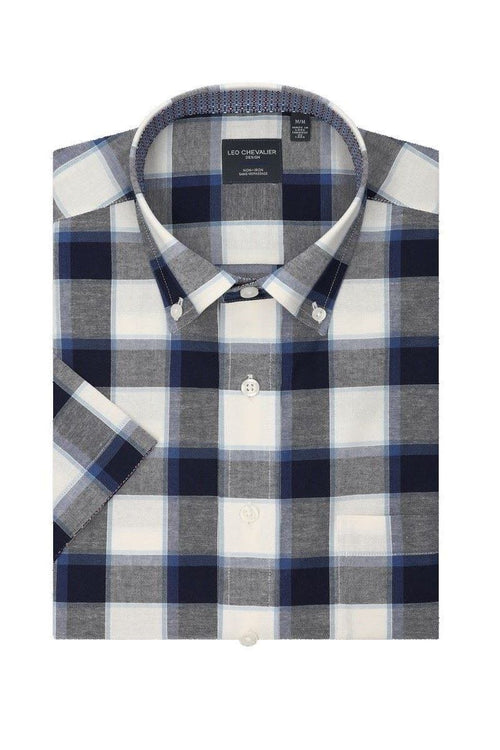 Blue Plaid 100% Cotton Down Collar Short Sleeve Shirts