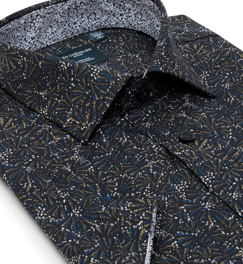 Black Printed Cotton Short Sleeve Sport Shirts by Leo Chevalier
