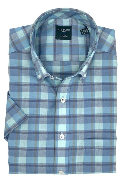 Aqua Plaid Short Sleeve Button Down Shirt