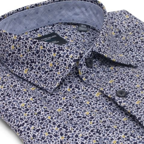 Blue Printed Cotton Leo Chevalier Button Down Collar Short Sleeve Shirts