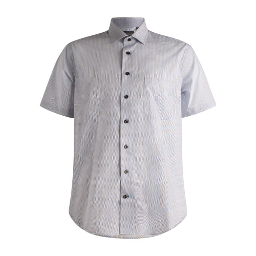 Blue Printed On White Cotton Leo Chevalier Spread Down Collar Short Sleeve Shirts
