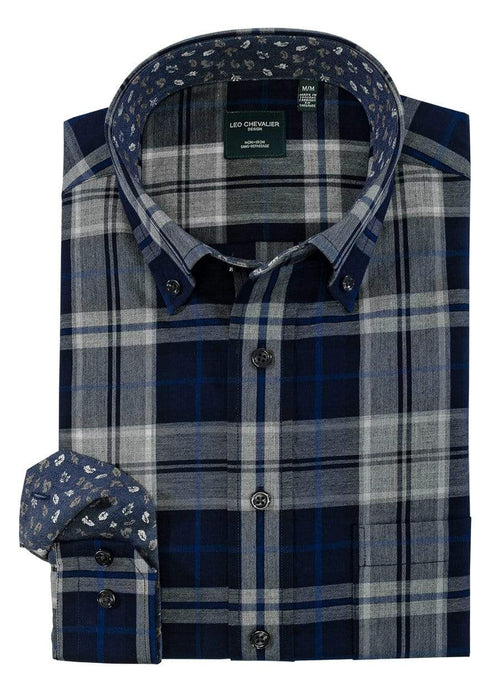 Leo Chevalier Blue Check Cotton Button Down Collar Long Sleeve Shirts