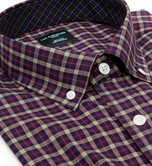 Leo Chevalier Purple Check Cotton Button Down Collar Long Sleeve Shirts