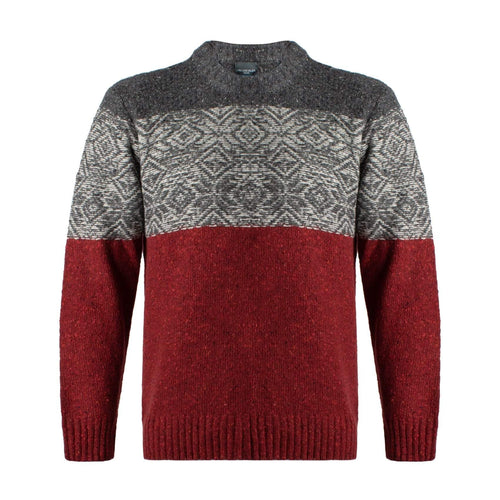 Red and tonal Grey Fair Isle Crewneck Sweater Made In Italy