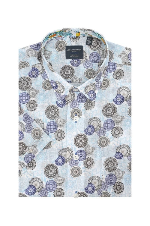 Sky Blue Modern Print Men's Cotton Short Sleeve Shirt