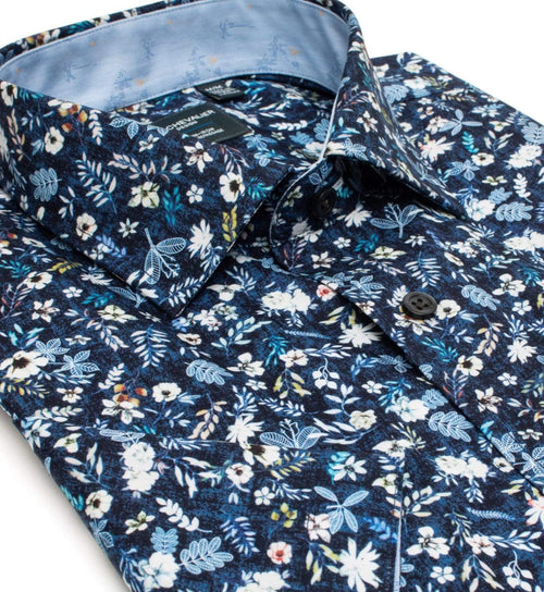 Navy Printed Cotton Non Iron Short Sleeve Sport Shirts by Leo Chevalier