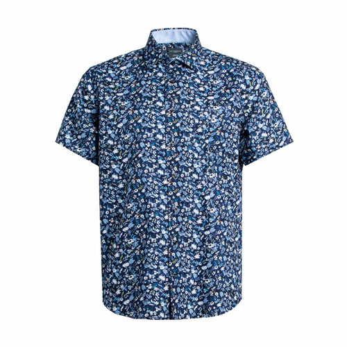 Navy Printed Cotton Non Iron Short Sleeve Sport Shirts by Leo Chevalier