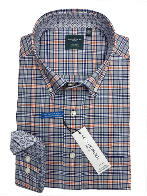 Orange Blue Check Leo Chevalier Cotton Button Down Collar Long Sleeve Shirts