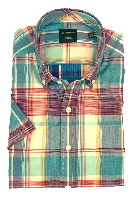 Red Multi Colored Plaid Men's Cotton Button Down Short Sleeve
