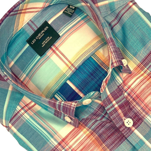 Red Multi Colored Plaid Men's Cotton Button Down Short Sleeve