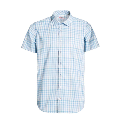 Short Sleeve Light Blue Check Voyage Performance Fitted Shirts Leo Chevalier