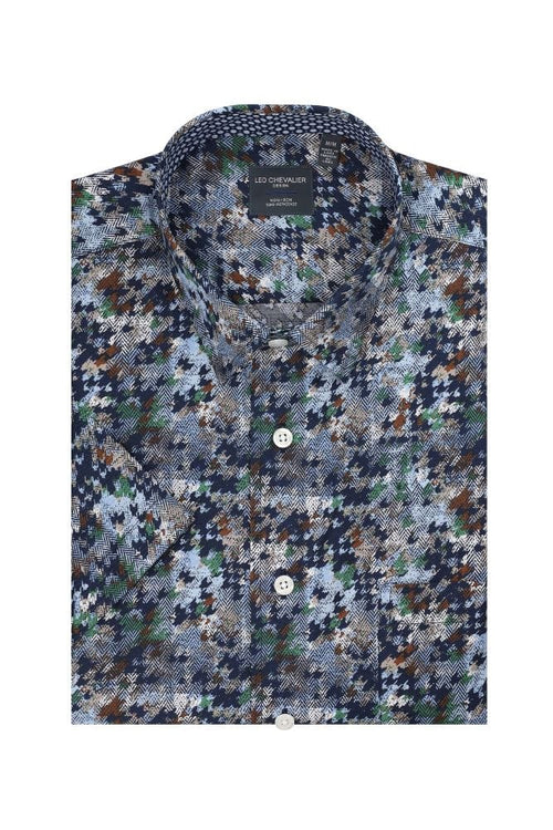 Blue Abstract Men's Short Sleeve Hidden Button Down Shirt