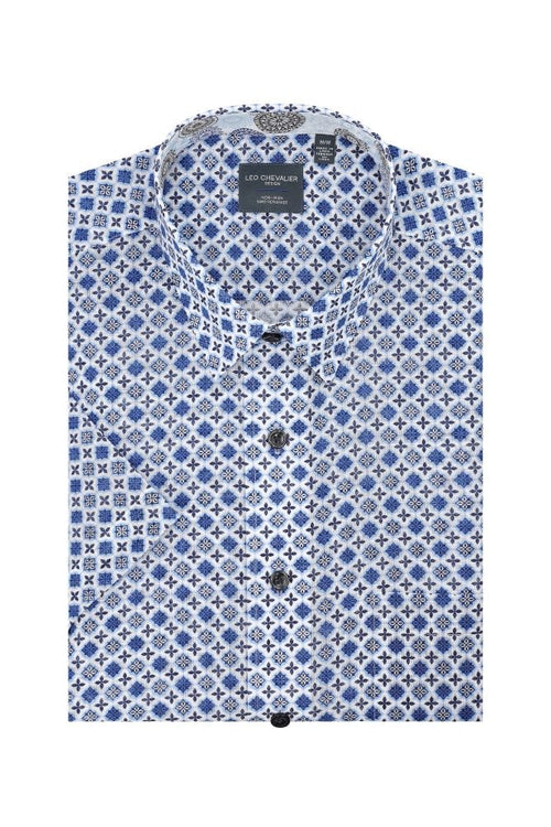Blue Punchy Print Men's Button-Down Short-Sleeve