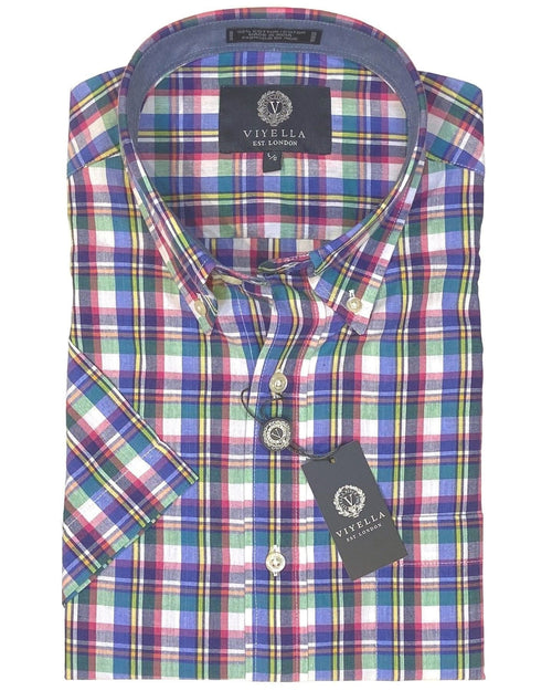 Men's Rose Plaid 100% Cotton Madras Short-Sleeves Sport Shirt to Stand Out