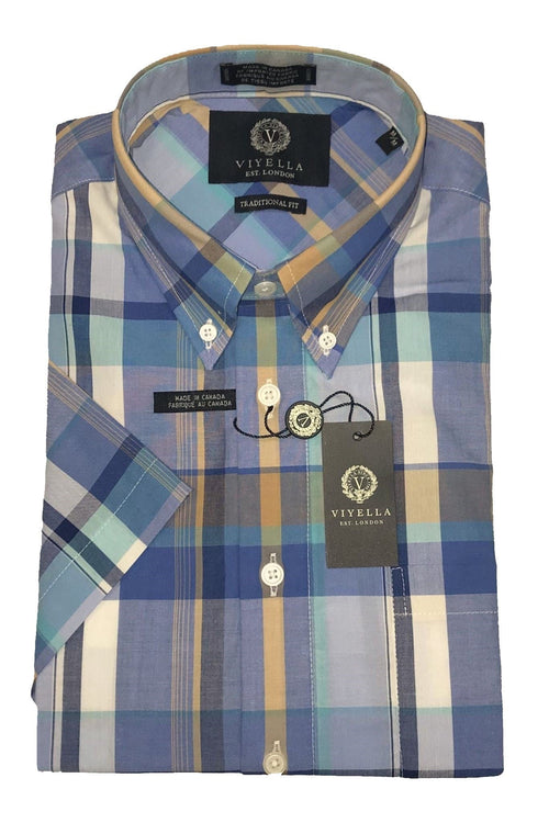 Blue Plaid Premium Cotton Short Sleeve Shirts for Men