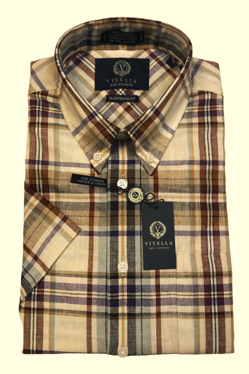 Brown Plaid Men's Premium Cotton & Linen Short Sleeve Shirt