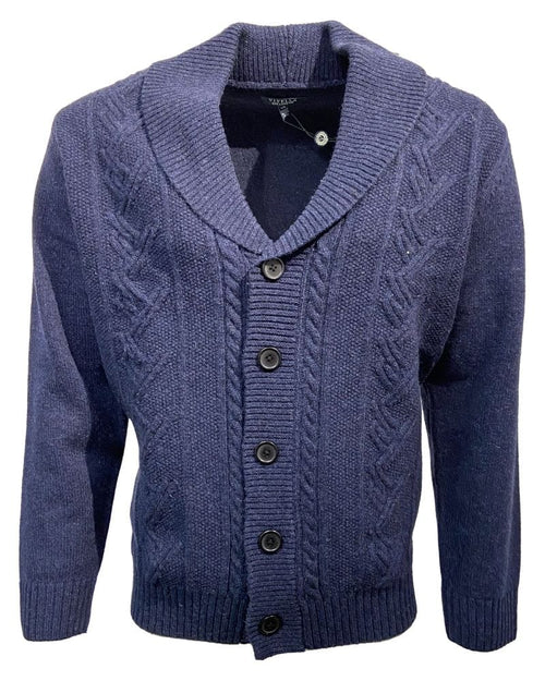 Stay Cozy and Trendy in our Indigo Shawl Collar Cable Knit Cardigan - Wool Blend, 5 Buttons"