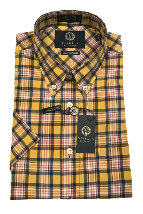Yellow Plaid Short Sleeve Shirts for Men: Breathable & Comfortable Fit