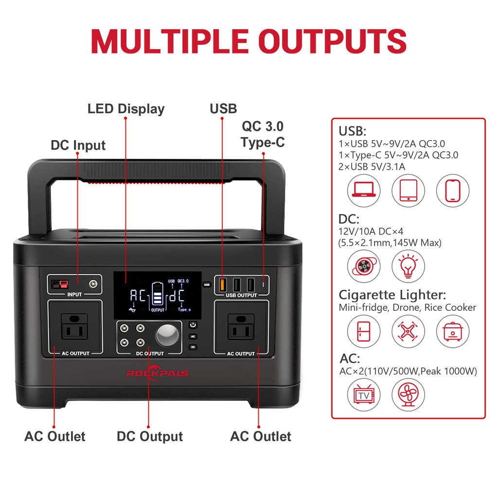 Rockpals RP500W 500W/520WH Portable Generator Lithium Portable Power S